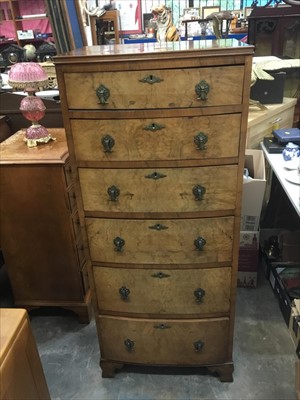 Lot 991 - Queen Anne -style narrow walnut tall boy chest with bowfront and six long graduated drawers on bracket feet.