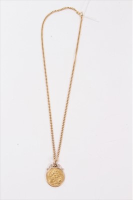 Lot 130 - George V gold half sovereign, 1911, in pendant mount on 9ct gold chain