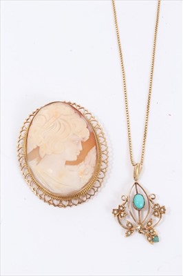 Lot 138 - Carved shell cameo brooch in 9ct gold mount and an Edwardian style 9ct gold turquoise and seed pearl pendant on 9ct gold chain