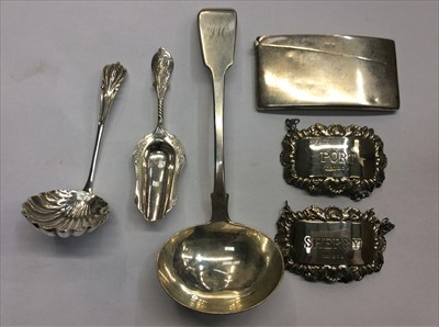 Lot 673 - Silver card case, two silver spirit labels, silver ladle and two other spoons