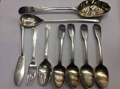 Lot 674 - Silver berry spoon and other silver flatware