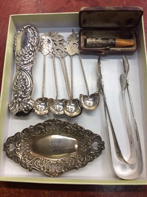 Lot 680 - Group silver including dish, two pair sugar tongs, handle, cheroot in case and set six white metal spoons