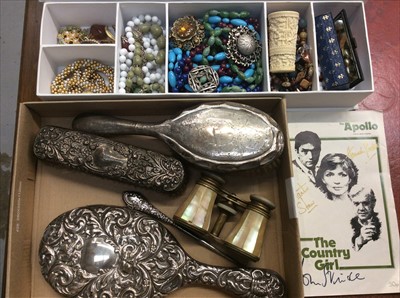 Lot 684 - Silver backed dressing table items, pair opera glasses, costume jewellery and signed The Country Girl theatre programme