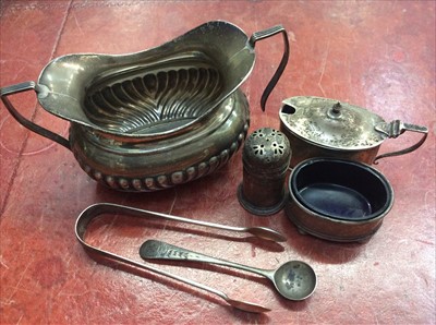 Lot 685 - Silver sugar bowl, silver condiments, salt spoon and pair silver sugar tongs