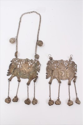 Lot 5 - Two Old Chinese white metal necklaces with embossed plaque depicting a figure on a dragon/horse