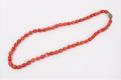Lot 2 - Old Chinese coral necklace with barrel shaped polished beads and oval silver clasp