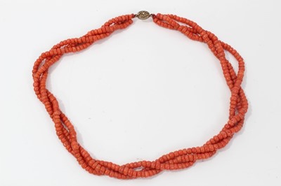 Lot 172 - Old Chinese coral three stand rope twist necklace with silver clasp