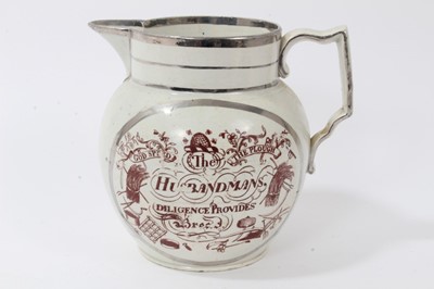 Lot 89 - Pearlware and silver lustre harvest jug, circa 1810, printed with 'God Speed the Plough', other motifs and a poem, 14cm height