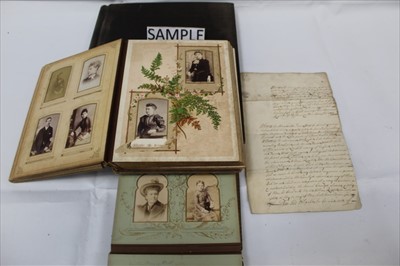Lot 1204 - Two Victorian photograph albums containing carte de visites and cabinet cards. Plus some 18th and !9th century indentures.