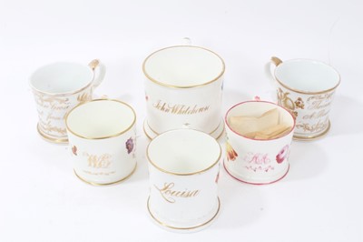 Lot 51 - Good collection of six mid-19th century floral painted mugs with dedications, dates etc