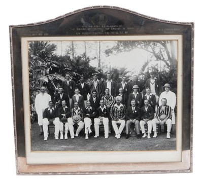 Lot 775 - Of Cricket interest - silver mounted photo of an Indian cricket team, engraved dedication to Hubert Ashton from the Board of Control for Cricket in Indian Calcutta 1961