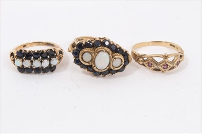 Lot 173 - Two 9ct gold opal and sapphire cluster rings and 9ct gold ruby ring