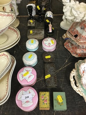 Lot 249 - Group of boxes, together with brass desk weight, candle snuffers, toleware tray and other items