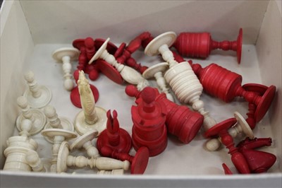 Lot 81 - Victorian red and white Barleycorn bone chess pieces.
