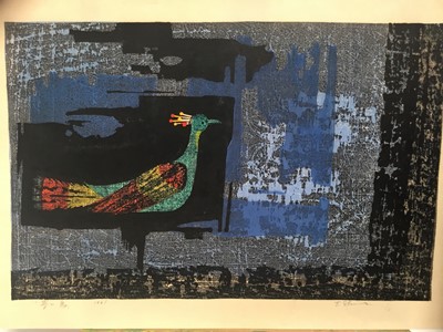 Lot 20 - Tamami Shima (1937-1999) Pair of Japanese coloured woodcut prints -ex Sir Richard Attenborough, Bonhams sale