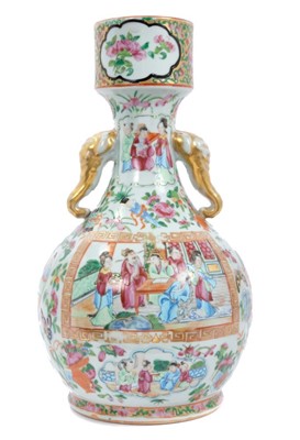 Lot 48 - 19th century Chinese Canton famille rose garlic form porcelain bottle vase, with elephant mask handles, finely painted with panels of figures