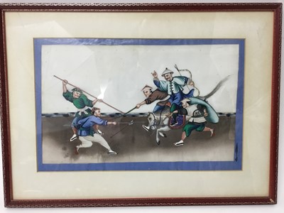 Lot 139 - Pair of late 19th century Chinese paintings on rice paper - warriors, in glazed frames