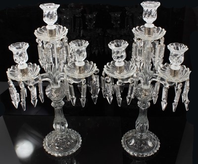 Lot 109 - Pair of antique-style glass candelabra with lustres