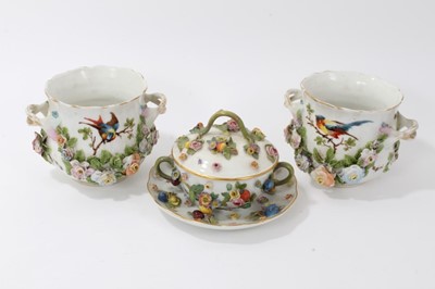 Lot 103 - Meissen floral encrusted pot and cover on stand, together with pair of Dresden bough pots