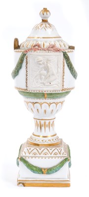 Lot 102 - Unusual late 18th century Hochst porcelain urn, painted in enamels and gilt with swags and foliate patterns, with two biscuit panels of classical figures
