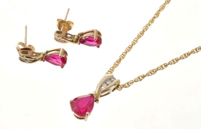 Lot 479 - Diamond and synthetic ruby pendant on chain and matching earrings in 9ct gold setting
