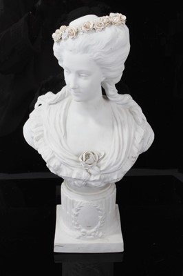 Lot 123 - 19th century French bisque bust of Marie Antoinette, with Sevres mark to base, 36.5cm height