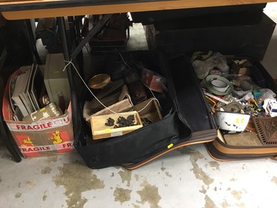 Lot 366 - One box and two suitcases of metalware and tools, treen, toys and sundry items