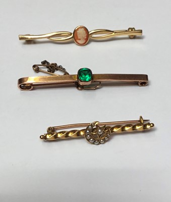 Lot 160 - Victorian 15ct gold and seed pearl star and crescent moon bar brooch and two other brooches