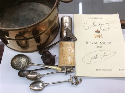 Lot 96 - Brass pot, various salt spoons, silver pusher, vestas etc