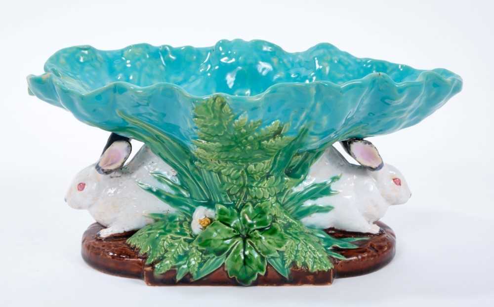 Lot 174 - Rare Minton majolica rabbit and lettuce leaf comport, polychrome painted, date mark for 1870, 25cm across