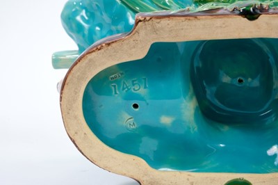 Lot 174 - Rare Minton majolica rabbit and lettuce leaf comport, polychrome painted, date mark for 1870, 25cm across