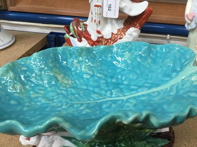 Lot 174 - Rare Minton majolica rabbit and lettuce leaf comport, polychrome painted, date mark for 1870, 25cm across