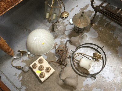 Lot 1026 - Group of Victorian, Edwardian and later light fittings including double brass fittings with glass shades