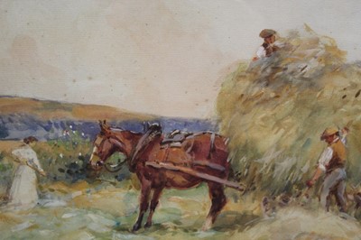 Lot 896 - Circle of Alfred Munnings (1878-1959) watercolour - Harvest scene, bearing signature  and dated 1902, inscription verso claiming picture given by  Artist’s wife to E. Munnings, niece of Alfred