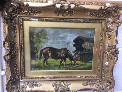 Lot 291 - After Alfred Munnings, oil on canvas, Gypsy caravan and horse, glazed frame