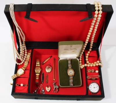 Lot 23 - 1920s 9ct rose gold cased wristwatch, Longines gilt stainless steel ladies wristwatch, silver cased watch, silver brooches and costume jewellery