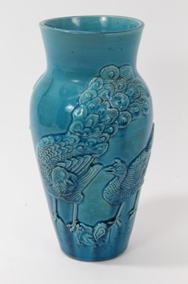 Lot 158 - Antique Japanese turquoise vase with peacocks