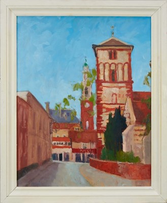 Lot 50 - David Britton , contemporary, oil on board - Trinity Street Colchester, signed, framed, 76cm x 60cm