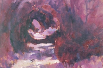 Lot 97 - David Britton , contemporary, oil on board - Moonlit Lane, signed, frmaed 65cm x 65cm