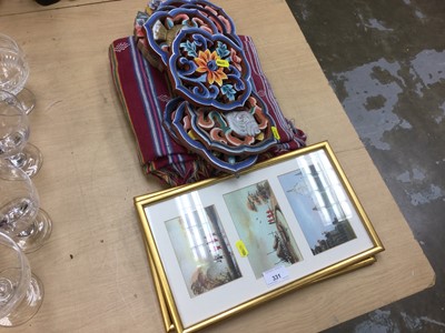 Lot 331 - Group of Burmese pierced painted plaques, together with two woven wall hangings