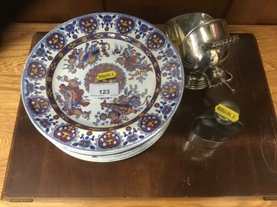 Lot 123 - Canteen of cutlery spirit flask and scuttle form salt, 19th century Spode dishes