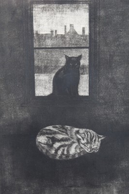 Lot 1029 - *Richard Bawden (b.1936) signed limited edition etching - Stripe & Blackie, two cats, 3/40, in glazed frame, 45cm x 31cm