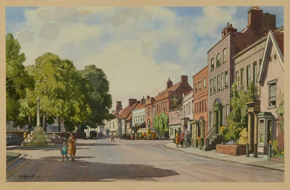 Lot 1117 - *Leonard Russell Squirrell (1893-1979) pencil and watercolour - Dedham High Street, signed, 33cm x 52cm, in glazed frame, together with the accompanying print (2)