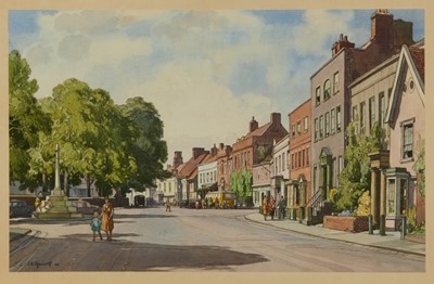 Lot 1117 - *Leonard Russell Squirrell (1893-1979) pencil and watercolour - Dedham High Street, signed, 33cm x 52cm, in glazed frame, together with the accompanying print (2)
