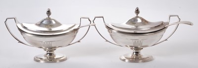 Lot 215 - Fine quality pair of George III lidded sauce tureens and associated ladles.