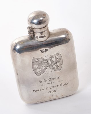Lot 223 - Of Cambridge University rowing interest - silver hip flask with engraved inscription