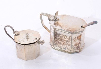 Lot 233 - 1920s silver octagonal mustard pot, and one other, plus two spoons.