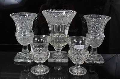 Lot 144 - Five 19th century cut glass vases, including two pairs and one larger example, all of goblet form, the largest measuring 24cm height
