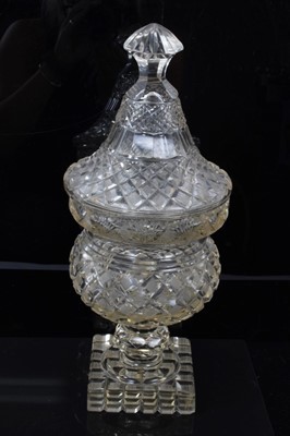 Lot 97 - 19th century diamond cut glass and cover, fan-shaped decoration around the rim, 36cm height