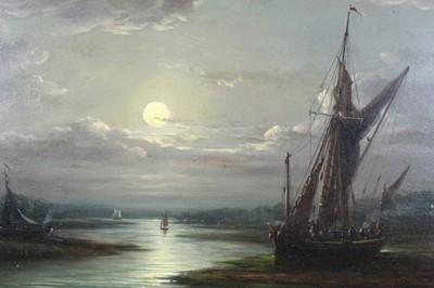 Lot 1254 - John Moore of Ipswich (1820-1902) oil on panel - shipping on the river by moonlight, signed, in gilt frame, 28cm x 45cm